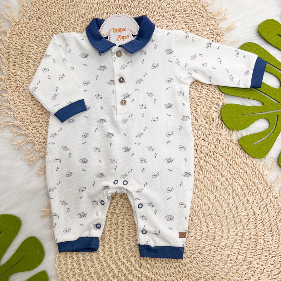 Macacão Curto com Manga Longa Piquet com Gola Polo Tubarão - Off White e Marinho